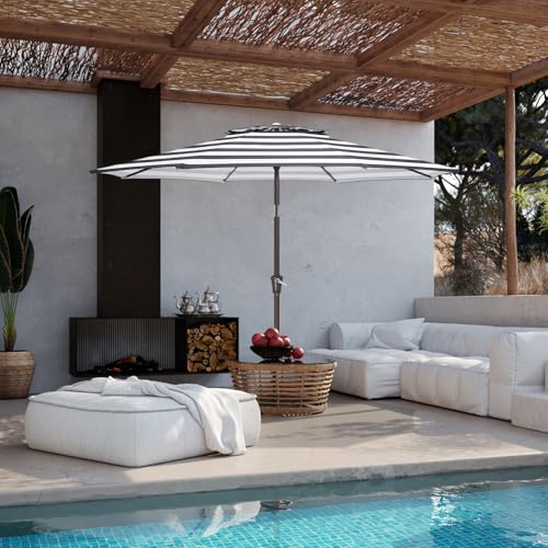 JEAREY 9' 2-Tiers Patio Umbrellas Outdoor Table Market Umbrella w/Push Button Tilt/Crank, 8 Sturdy Ribs, UV Protection Waterproof Sunproof(Black Striped) - color: Black Striped