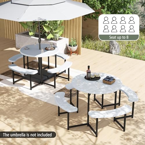 Giantex Picnic Table Bench Set for 4-8 Person, Round 37” Outdoor Dining Table w/Umbrella Hole, HDPE Tabletop, Metal Frame, Patio Furniture Set for Backyard Porch Lawn, 1400lb Capacity (White,Round) - color: White, size: Round-37"x37"x29"