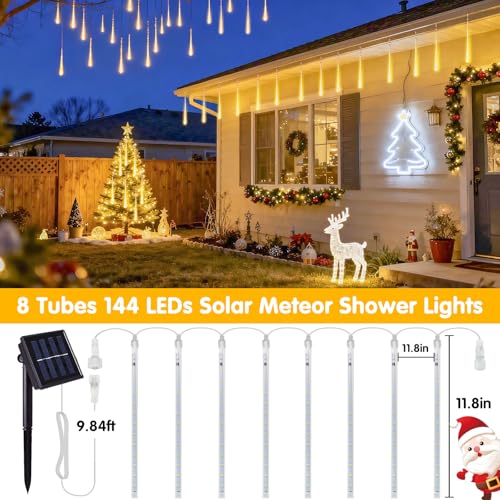 JMEXSUSS Solar Meteor Shower Lights Outdoor, 8 Tube 144 LEDs Warm White Solar Christmas Lights for Tree Eave Xmas Holiday Party Patio House Wedding Decor - color: Warm White, size: 1*144LED