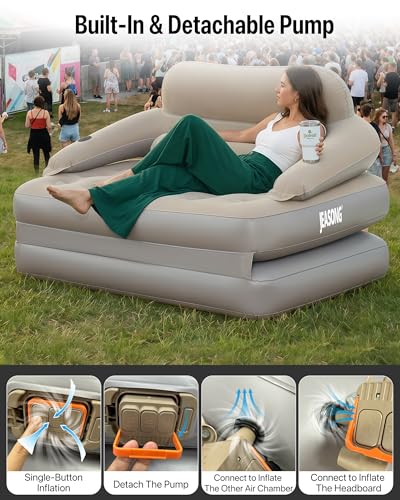 JEASONG Blow Up Couch Air Mattress Queen with Built in Pump, 2-in-1 Air Sofa & Inflatable Mattress, AirBed Blow Up Mattress with Headboard & Cupholder, Inflatable Couch for Camping, Movie Night, Guest
