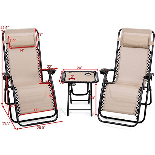Giantex 3 PCS Zero Gravity Chair Patio Chaise Lounge Chairs Outdoor Yard Pool Recliner Folding Lounge Table Chair Set Backyard Lounge Chairs (Beige) - color: Beige