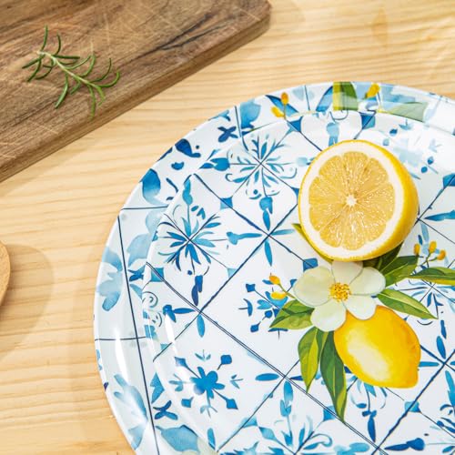 Bzyoo 12-Piece Melamine Dinnerware Set - Lemon Tiles | Lightweight, Durable, BPA-Free | Dishwasher Safe Dish Set for Indoor & Outdoor Use - Perfect for Camping, BBQs - color: Lemon Tile