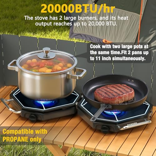 Camping Stove Propane, 2 Burner Camp Stove, 20,000 BTU Propane Camping Stoves, Portable Gas Stove with Windscreen, Storage Bag, Regulator for Picnic, BBQ, Tailgating