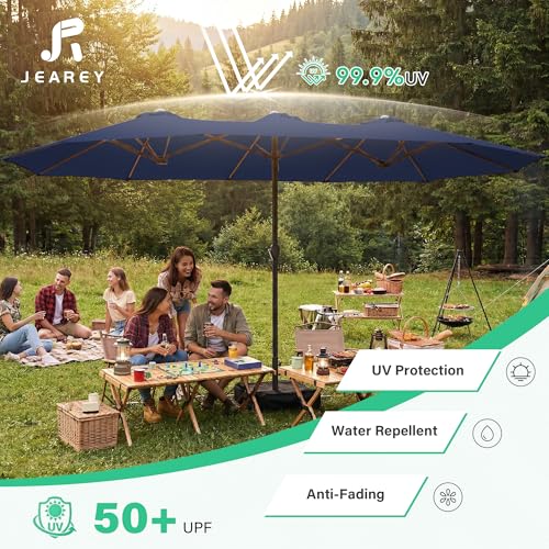 JEAREY 15ft Large Patio Umbrella with Base, Outdoor Rectangle Umbrella Double-Sided Market Umbrella with Stand for Pool, Deck, Backyard and Garden, Navy - color: Navy