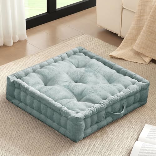 Intelligent Design Large Floor Pillow for Adults Yoga or Meditation Cushion with Handle, Floor Cushion for Board Games, Lustrous Chenille Tufted, Handsewn Scalloped Edge, Azza, 24" x 24" x 5" Aqua - color: Square Aqua With Handle, size: 24"W x 24"L x 5"H