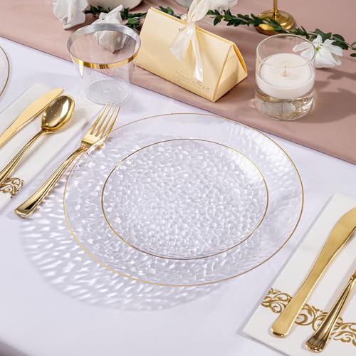 DaYammi 175PCS Clear Gold Plastic Dinnerware Set, Plastic Plates Disposable Hammered Disposable Plates for Party, Include: 25 Dinner Plates 25 Dessert Plates 75 Gold Silverware 25 Napkins 25 Cups - color: Clear, size: 175 Pcs