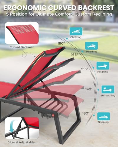 Aluminum Chaise Lounge Chair Outdoor, Foldable& No Assembly Patio Pool Lounge Chairs 5-Position Recliner for Outside, Fully Grounded Legs Sun Lounger for Poolside, Red - color: Red, size: 1