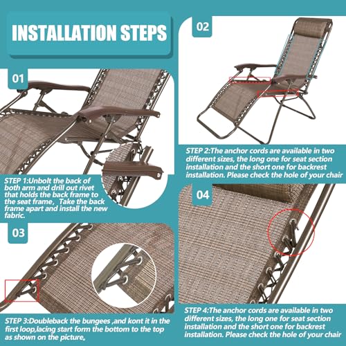 Queekay 2 Pcs Gravity Chair Replacement Fabric with 8 Bungee Cord Lounge Cloth Mesh Patio Chair Repair Kit Sling Fabric Replacement for Patio Recliner Outdoor Lawn Pool Beach (63" X 21",Light Brown) - color: Light Brown, size: 63" x 21"