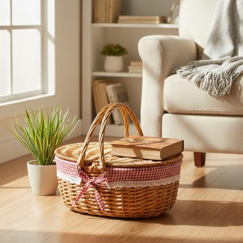 Wicker Picnic Basket with Lid and Handle Sturdy Woven Body with Washable Plaids Liner,Red - color: Red Check