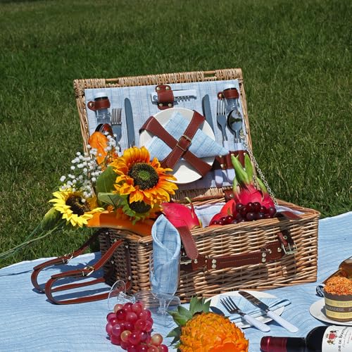 Picnic Baskets Wicker Willow Picnic Set for 4 Persons with Insulated Cooler Bag and Waterproof Blue Picnic Blanket Gift for Christmas Thanksgiving Wedding Birthday Camp Outdoor Beach Travel - color: Light Blue