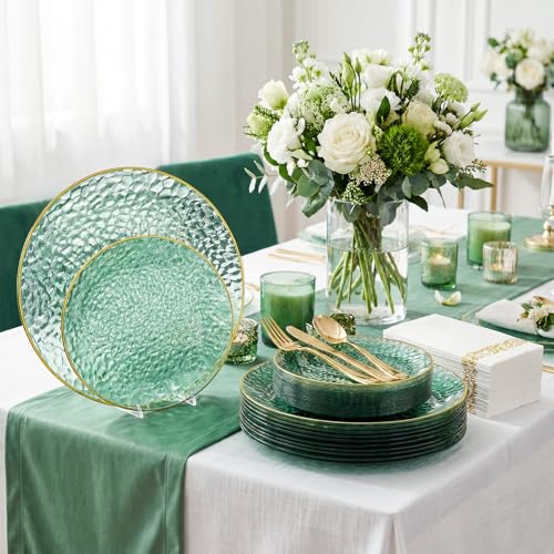 DaYammi 350 Pcs Clear Green Gold Plastic Plates, Hammered Disposable Dinnerware, Clear Green Plates Set Include 100 Plastic Platos, 150 Gold Disposable Silverware, 50 Cups and 50 Napkins for Party - color: Clear Green, size: 350 Pcs
