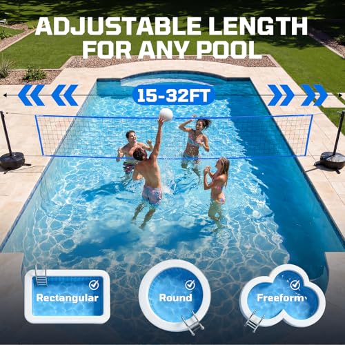 Haokelball LED Pool Volleyball Net Set, 15-32ft Adjustable Volleyball Net for Pool with Heavy Duty Base, Pool Volleyball Set for Inground Pools, Pool Toys & Pool Games for Kids & Adults, 2 Balls