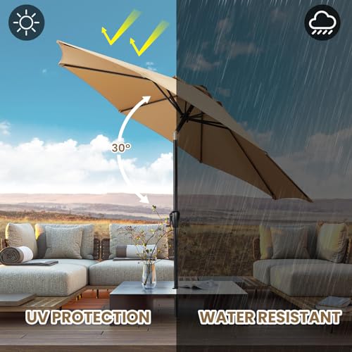 Sun-Ray 9' Round Patio Umbrella with Push-Button Tilt and Hand Crank Lift System, Market Umbrella for Porch, Deck, and Patio - color: Taupe