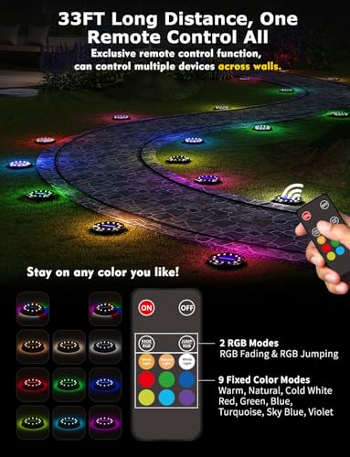 Color Changing Solar Ground Lights with 33ft Long Distance Remote Control - Flat Solar Light Outdoor Waterproof - Pathway Lights Solar Powered for Yard Decorative Outside Lawn Walkway [16 Pack] - size: 16PACK