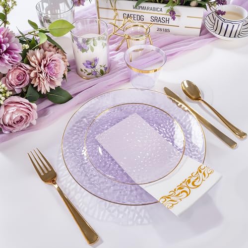 DaYammi 350 Pcs Clear Purple Gold Plastic Plates, Hammered Disposable Dinnerware, Clear Purple Plates Set Include 100 Plastic Platos, 150 Gold Disposable Silverware, 50 Cups And 50 Napkins for Party - color: Clear Purple, size: 350 Pcs