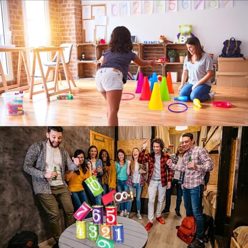 36PCS Carnival Games Combo Set 4 in 1 Bean Bag Toss Can Games Plastic Cone Ring Toss Game for Indoor Outdoor School Field Day Birthday Party Yard Game for Kids Adults