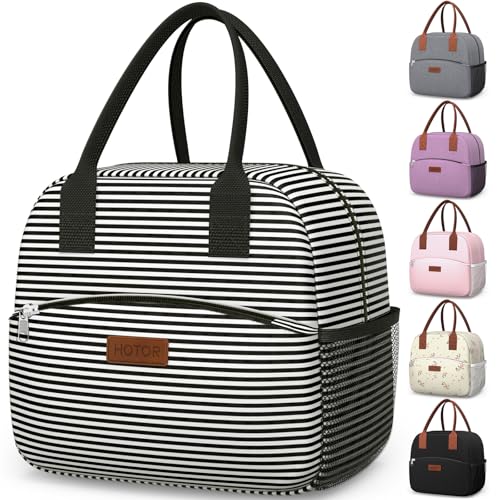 HOTOR Lunch Bag for Women & Men - Wear-Resistant Insulated Lunch Box with Large Capacity, Multi-Functional Cooler Bag for Office, Picnic, Black and White Stripes, 10L,10.60" x 5.90" x 9.50" - color: Black and White Stripes, size: 10L