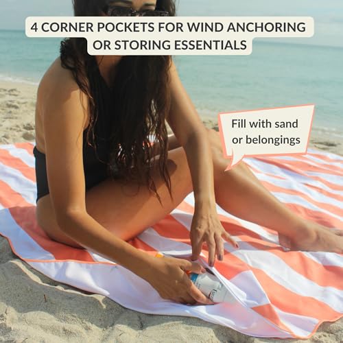 Plush Microfiber Beach Blanket, Extra Large Beach Mat for 3-6 Persons, Sandproof, Windproof | Hole for Umbrella, Corner Sand Pockets to Fight Wind (Bag for Blanket Included) - color: Peach & Stripes, size: X-Large