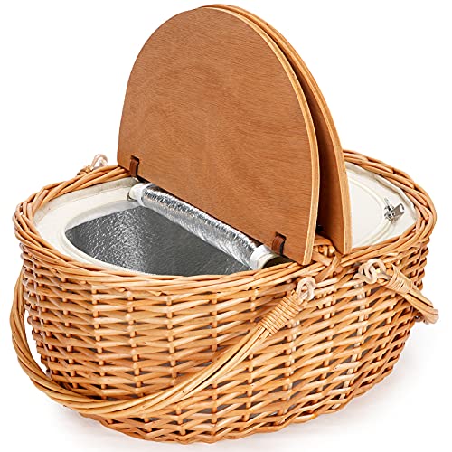 Wicker Picnic Basket with Cooler, Wooden Split Lid Picnic Basket, Vintage-Style Wicker Picnic Hamper with Folding Woven Handle for Picnic, Camping, Outdoor, Valentine Day, Thanks Giving, Birthday - color: White W/Cooler