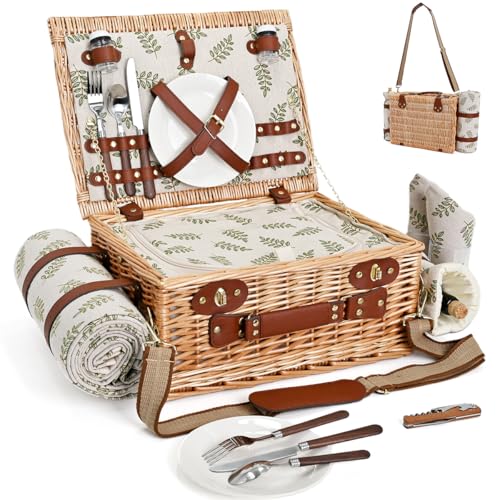 Picnic Basket with Blanket and Wine Pouch for 2, Wicker Picnic Set with Insulated Liner Cooler Bag Hamper for Camping,Wedding - Leaf - color: Leaf With Blanket for 2