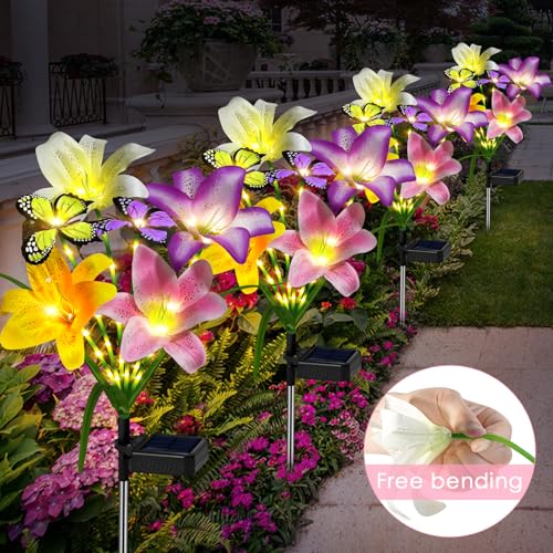 ostritec Solar Garden Lights Outdoor, 4 Pack Flower Lights for Outside, 16 Solar Lilies with Butterflies, Waterproof Garden Decor for Yard, Patio, Gifts for Women Mom (4 pcs Lilies) - style: Lilies-4 Pack