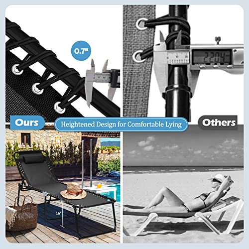 GYMAX Lounge Chairs for Outside, Extra High Folding Beach Tanning Lounger with 4-Level Adjustable Backrest, 2-Level Footrest & Removable Pillow, Sunbathing Lounge for Patio, Lawn, Poolside (1, Black) - color: Black