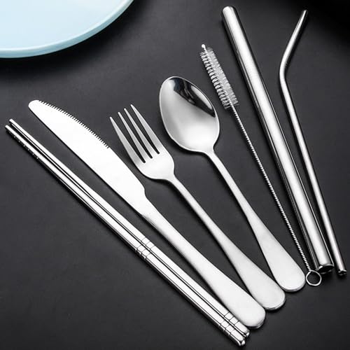 Travel Utensils with Case, Cutlery Set Portable Camp Reusable Flatware Silverware, 7 Pcs Stainless Steel Reusable Cutlery Set, Include Fork, Spoon, Knife, Chopsticks, 2 x Straws & Straw Cleaner Brush - color: Black