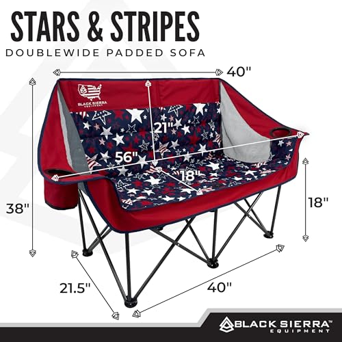 Black Sierra Patriotic Double Camping Chair, Padded Oversized Loveseat, 2 Person Folding Seat, 500 lb Capacity, USA Flag Outdoor Sofa for Beach, Tailgating, RV, Sports, Patio - color: Red Stars and Stripes