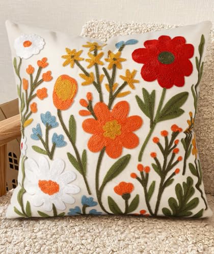 Embroidered Throw Pillow Cover 20x20 Inch - Spring Summer Boho Decorative Pillow Cover with Zipper for Living Room Couch Sofa Bed Aesthetic Design Flower Cluster Cushion Pillowcase - color: Flower Cluster, size: 20" x 20" (Pack of 1)