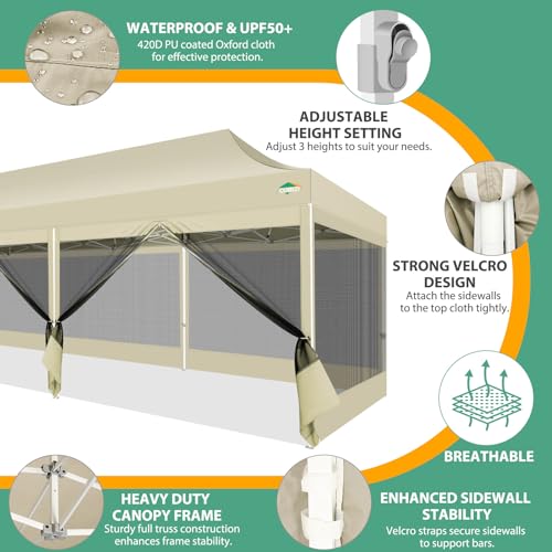 COBIZI 10x30 Pop Up Canopy with Sidewalls, Heavy Duty Canopy with Mosquito Netting, Easy up Screen Party Tents for Parties Backyard Outdoor Commercial Event Gazebo with Roller Bag, Sandbags, Khaki - color: Khaki, size: 10x30ft(standard)