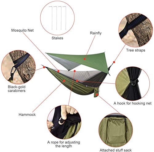 Camping Hammock with Rain Fly Tarp and Mosquito Net Tent Tree Straps, Portable Single Double Nylon Parachute Hammock Rainfly Set for Backpacking Hiking Travel Yard Outdoor Activities Green - color: Green