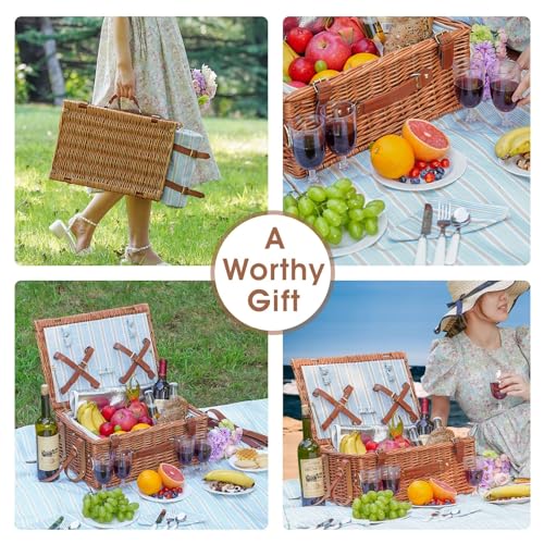 Picnic Basket Set for 4 Persons - Picnic Baskets with Large Insulated Cooler Compartment, Adjustable Shoulder Strap, Willow Hamper and Waterproof Blanket Set with Cutlery Service Kit - color: Light Tan for 4 Persons With Strap