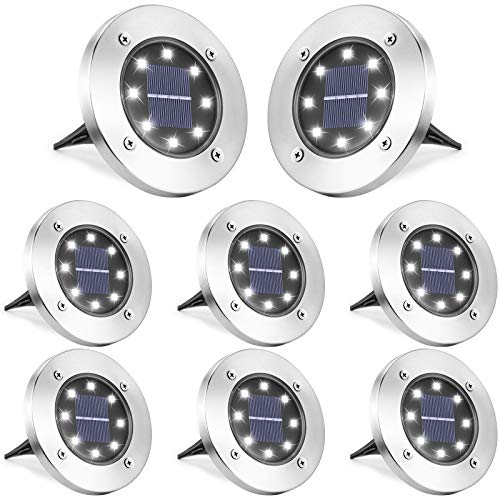 LYHOPE Solar Ground Lights Outdoor, 8 Pack 8 LED Solar Disk Lights Waterproof Garden In-ground Pathway Light Landscape Lighting for Lawn,Yard,Deck,Patio,Walkway (White) - color: White, size: 8 Pack