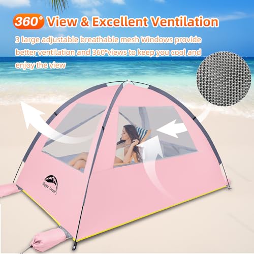 Happy Travel Beach Tent Sun Shelter for 3/4/5/6/7/8 Person, Portable UPF 50+ UV Protection Beach Shade Canopy for Family & Baby, Lightweight & Easy Setup Beach Cabana with 3 Ventilation Mesh Windows - color: Pink, size: 3 Person