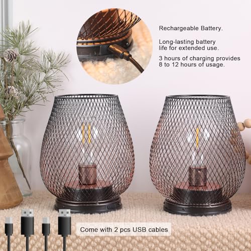 Set of 2 Rechargeable Lamp LED Table Lantern, Brown Metal Cage Cordless Lamps with LED Bulb，Vintage Decorative Outdoor Lantern for Weddings, Parties, Patio, Events for Indoors Shelf Decor - style: Bronze Egg / Timer / Rechargeable