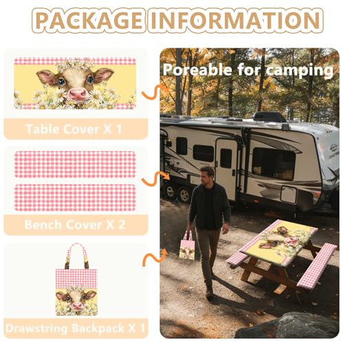 Picnic Table Cover with Bench Covers Elastic Edges, Outdoor Patio Camping Essentials 72 Inch 3PCS, Waterproof Camping Fitted Tablecloth with Handbags (Pink check daisy cow) - color: Pink checkered cow