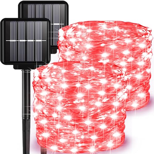 2 Pack Solar Fairy Lights Outdoor, 33 Feet 100 LEDs 8 Modes String Lights for Outside, Waterproof Outdoor Light for Patio Yard Christmas Tree Halloween Wedding Party Decorations, Red - color: Red, size: 2 Pack 100 LEDs