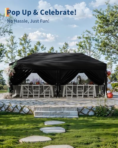 GarveeLife 10x20 Pop Up Canopy with 6 Sidewalls, Beach Ten with One Push Setup, Heavy Duty Outdoor Instant Canopy Tent with Portable Roller Bag, Silver Coated Top, 3 Adjustable Height, Sandbags,Black - color: Black, size: 6 Sidewalls
