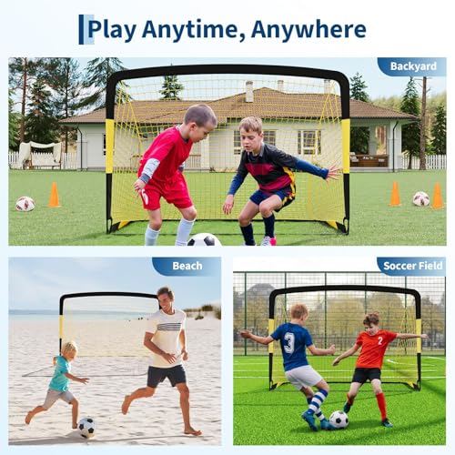6x4 ft Soccer Goal 2 Pack, Kids Soccer Goals for Backyard Set, Portable Pop Up Soccer Net with Soccer Ball, Cones, Ground Stakes & Carrying Bag, Complete Training Equipment, for Indoor Outdoor