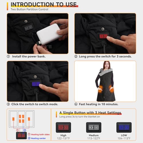Outdoor Heated Blanket with 10000mAh Power Bank, Battery Operated Cordless Electric Heating Throw with 3 Heat Settings, Fast Heating Wearable USB Throw for Camping, Travel, Office & Home Use Black - color: Inky Black