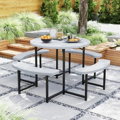 Giantex Picnic Table Bench Set for 4-8 Person, Round 37” Outdoor Dining Table w/Umbrella Hole, HDPE Tabletop, Metal Frame, Patio Furniture Set for Backyard Porch Lawn, 1400lb Capacity (White,Round) - color: White, size: Round-37"x37"x29"