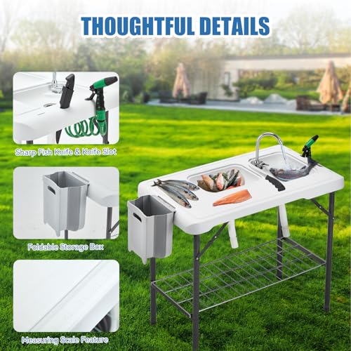 Folding Fish Cleaning Table Portable Camping Double Sinks Table w/2 Dual Water Basins, Faucet Drainage Hose & Sprayer Outdoor Fish Fillet Cleaning Station w/Knife, Storage Box,Black | Portable, Camping, 2 Dual Water Basins, Faucet, Drainage Hose, Sprayer