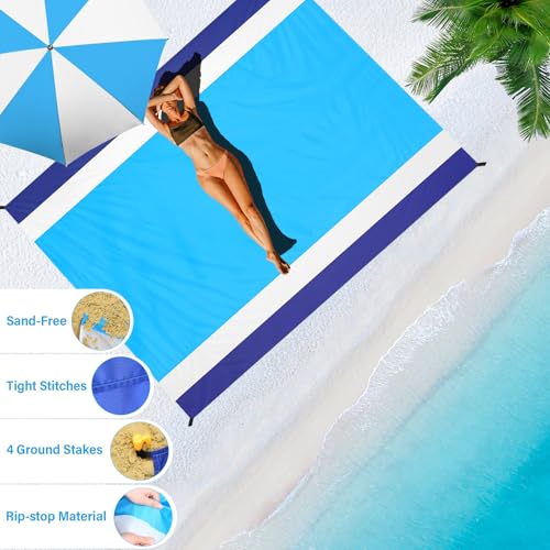 Beach Blanket Waterproof Sandproof Oversized Lightweight 78''×110'' 1-7 Adults Blanket Beach Large Picnic Mat for Travel Camping Hiking Picnic - color: Blue White, size: 78''x110''