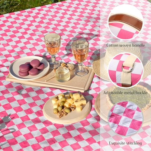 Nuanchu Checkered Picnic Blanket Extra Large Outdoor Blanket Sandproof 80"x80" Waterproof Portable Machine Washable 3 Layer Thick Gingham Picnic Mat for Beach Camping Park Grass Travel(Bright Pink) - color: Bright Pink