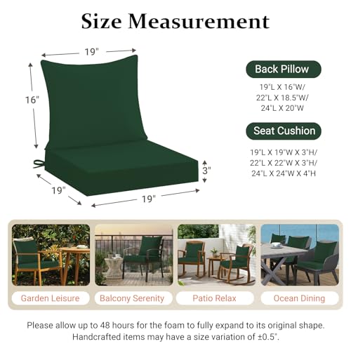 downluxe 19x19 Outdoor Chair Cushions, Waterproof Fade Resistant Patio Furniture Cushions with Handle & Removable Cover, Deep Seat Outdoor Cushions for Sofa, Couch and Patio Chairs, Forest Green - color: Forest Green, size: 19 x 19 Inch