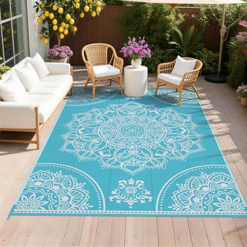 Pauwer Waterproof Outdoor Rug 6x9, Reversible Plastic Straw Patio Camping Rug, Indoor Outdoor RV Mat Carpet for Deck, Camper, Porch, Balcony, Backyard, Picnic, Floral Teal - color: Floral Teal, size: 6' x 9' (Rectangular)