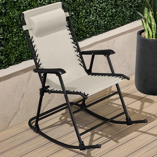 Best Choice Products Outdoor Zero Gravity Rocking Chair, Folding Reclining Patio Lounge Chair with Adjustable Pillow for Lawn, Beach, Camping - Ivory - color: Ivory