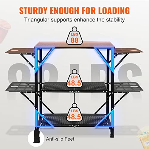VEVOR Camping Kitchen Table, Aluminum Folding Portable Outdoor Cook Station with 4 Iron Side, 2 Shelves & Carrying Bag, Quick Installation for Picnic BBQ Beach Traveling