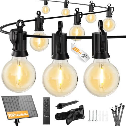 Brightown 208FT Solar String Lights Outdoor with Remote and 102 LED Shatterproof Bulbs, Dimmable & Timable, 3 Light Modes, Solar Patio String Lights Outdoor for Cafe, Garden, Deck, Outside Wedding - size: 208FT