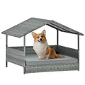 Lyromix Wicker Dog House with Canopy, 32" Outdoor Elevated Rattan Dog Bed with Water-Resistant Soft Cushion, Large Outside Raised Dog Shelter for Small, Medium Dogs, Gray